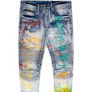 Rockstar Original Ultra Slim Mens Denim DRIPPER PRINTED JEAN- Yellow Sz. 44